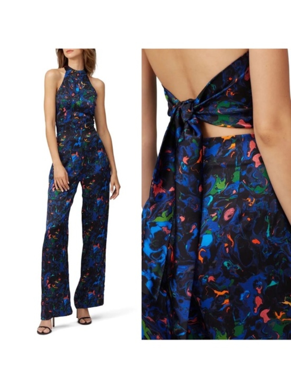Veda Plein Abstract Blue Jumpsuit Artsy wide leg halter Multicolor jumpsuit L